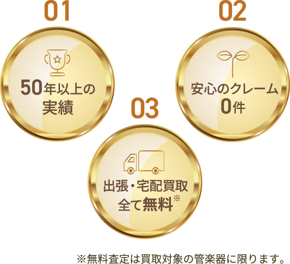 50年以上の実績・安心のクレーム0件・出張・査定搬出全て無料（※無料査定は買取対象の管楽器に限ります。）